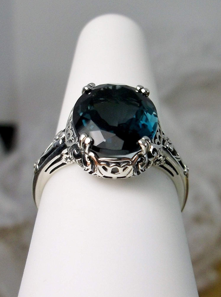 Natural London Blue Topaz Ring,  Natural 5 carat Gem, Sterling Silver floral filigree, Edward design #D70z,  front side view on ring form