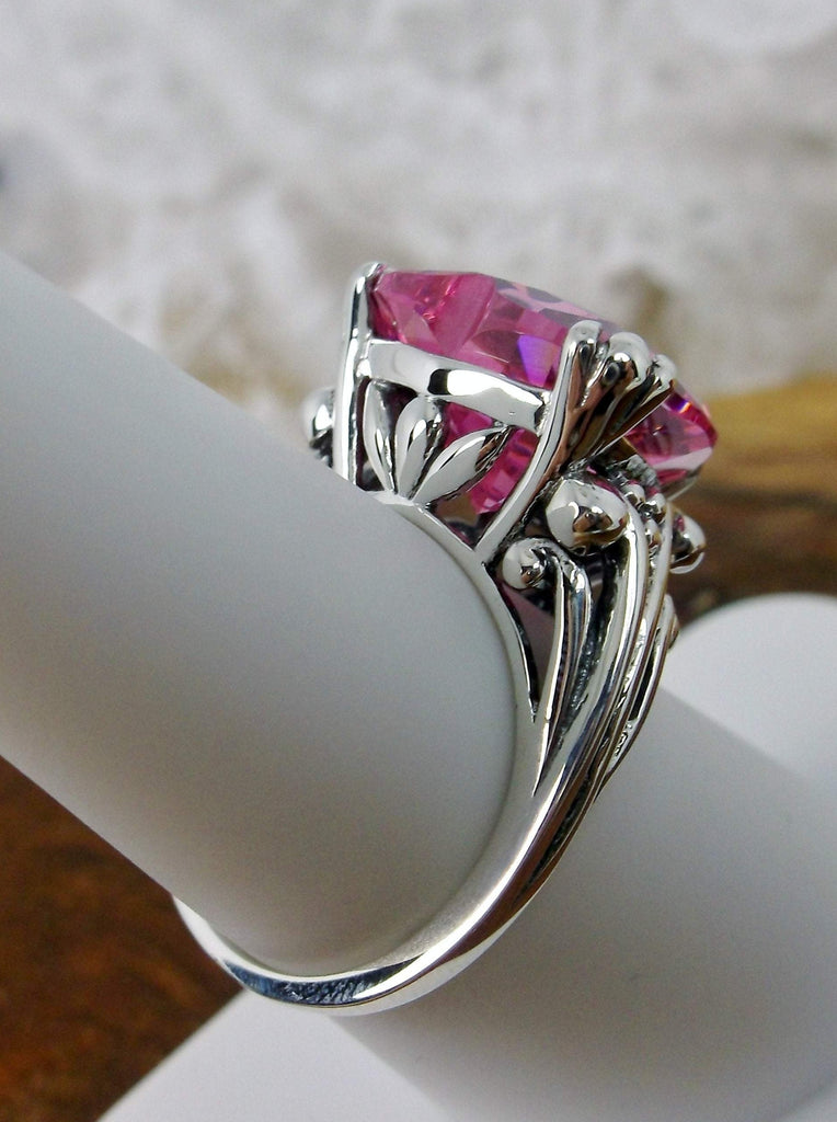 Pink CZ ring with a heart shaped gem and gothic style sterling silver filigree