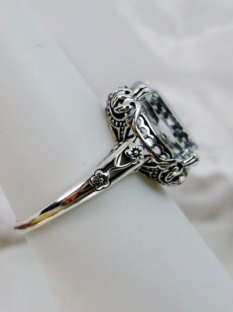 Natural White Topaz Ring, 5 carat oval faceted gemstone,  Sterling Silver Floral Filigree, Edward design #D70z, side view on ring form