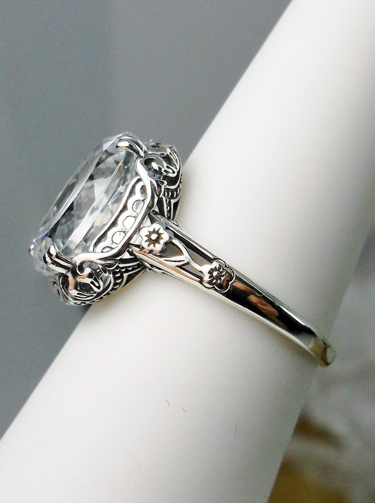 Natural White Topaz Ring, 5 carat oval faceted gemstone,  Sterling Silver Floral Filigree, Edward design #D70z, side view on ring form