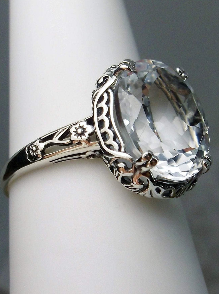 Natural White Topaz Ring, 5 carat oval faceted gemstone,  Sterling Silver Floral Filigree, Edward design #D70z,  offset side view