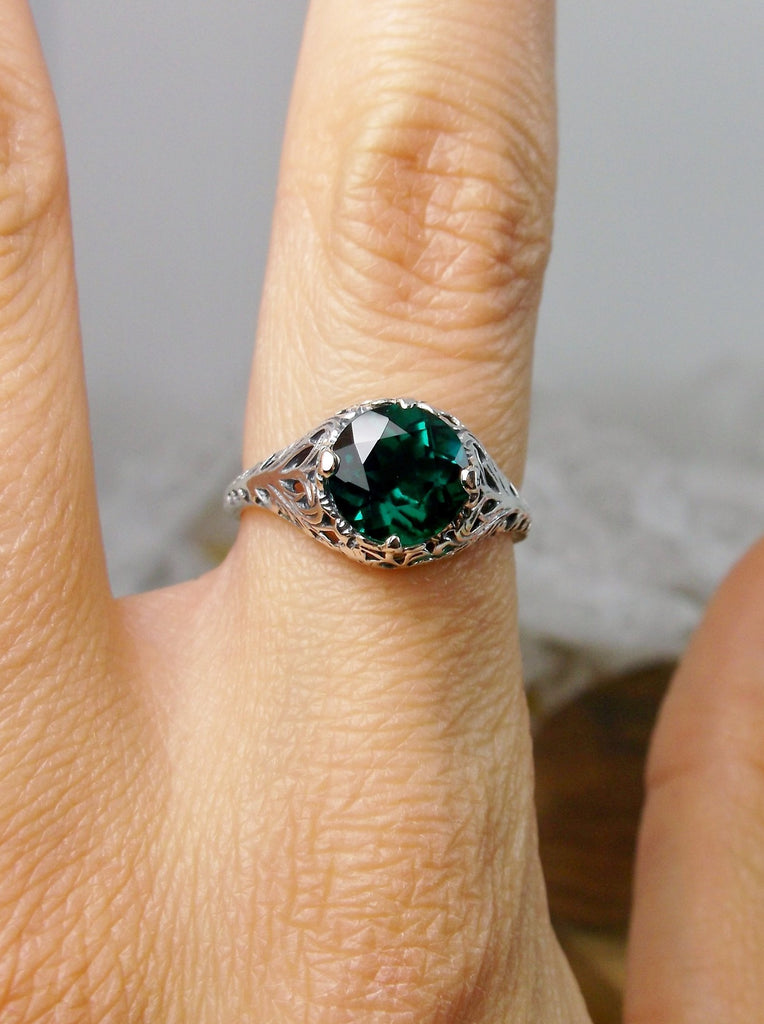 green emerald solitaire ring with swirl antique floral sterling silver filigree