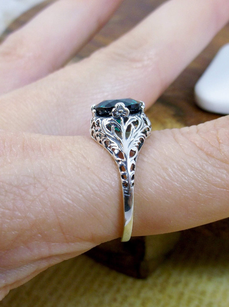 green emerald solitaire ring with swirl antique floral sterling silver filigree