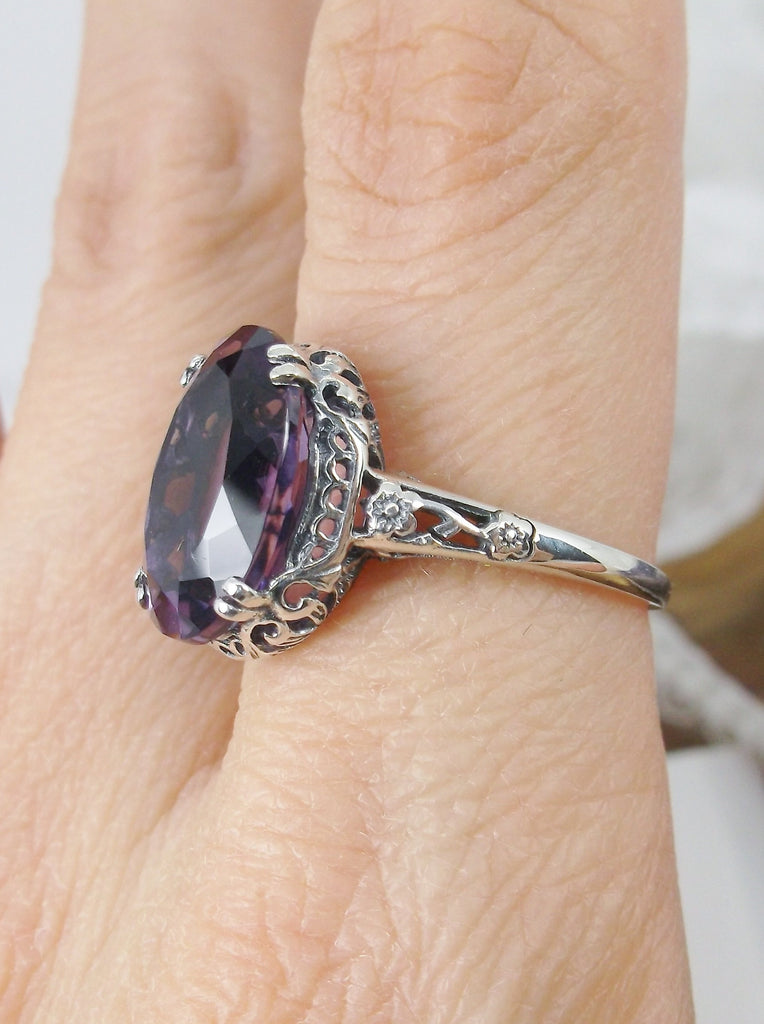 Side view of Natural Purple Amethyst Sterling Silver Filigree Ring, Edward Design#70 on a finger
