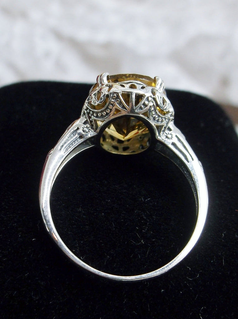 Natural Citrine Ring, Oval yellow citrine gemstone, sterling silver floral filigree, Edward Design #D70z, back view of setting and bottom of stone