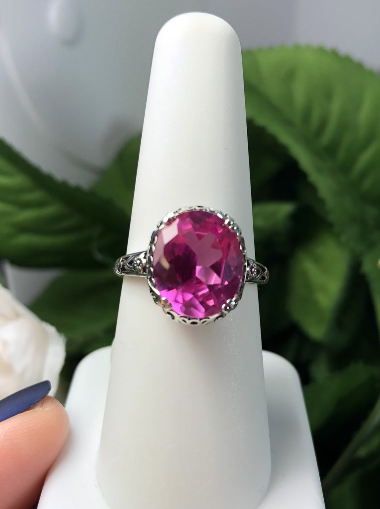 Natural Pink topaz Ring, 3.4 carat oval faceted gemstone, sterling silver floral filigree, Edward design #D70z,  top view on ring form