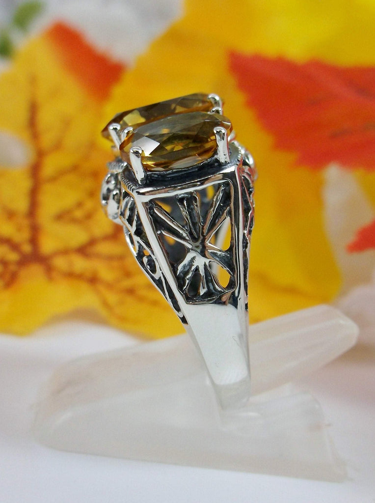 natural citrine ring, Orange Cognac citrine three stone art deco style ring with silver antique filigree