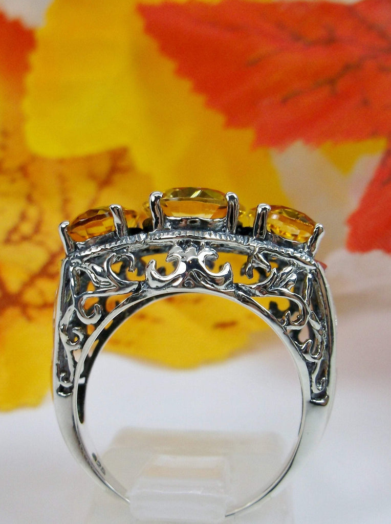 natural citrine ring, Orange Cognac citrine three stone art deco style ring with silver antique filigree