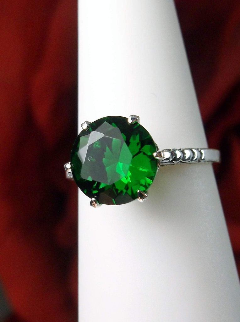 Green Emerald Ring, simulated gemstone, classic solitaire, Victorian sterling silver filigree