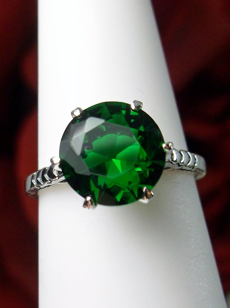 Green Emerald Ring, simulated gemstone, classic solitaire, Victorian sterling silver filigree