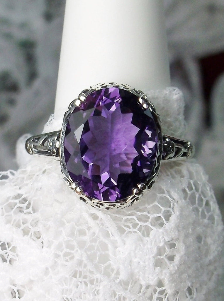 Natural Amethyst Ring, 3.3ct Natural oval Amethyst, Sterling Silver floral Filigree, Edward design #D70z, top view on lace and hand form