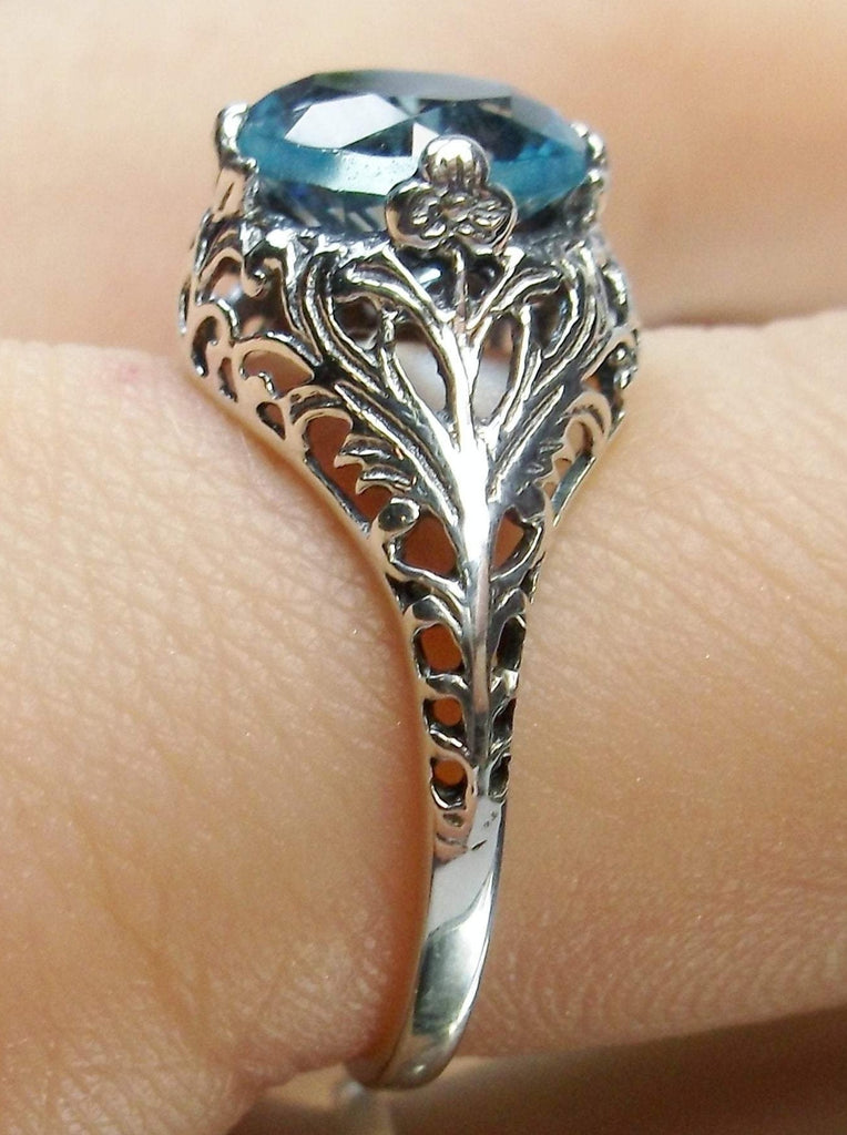 natural sky blue topaz solitaire ring with swirl antique floral sterling silver filigree
