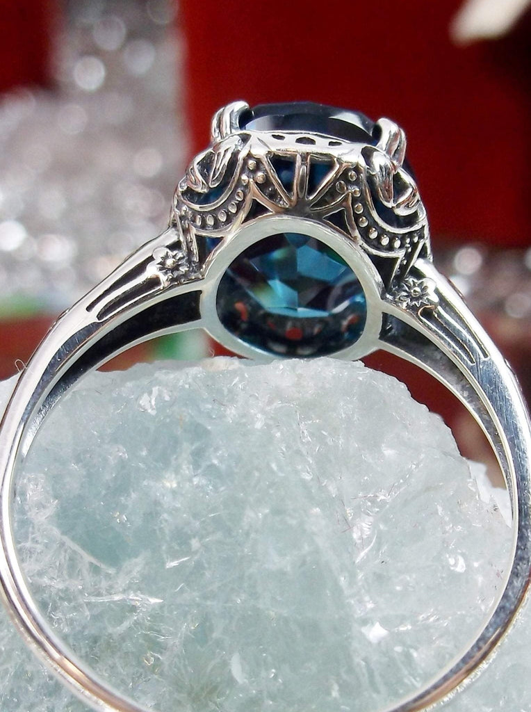 London Blue Topaz Ring, oval simulated topaz, sterling silver floral filigree, Edward design #70z, back view of setting and stone on crystal stone