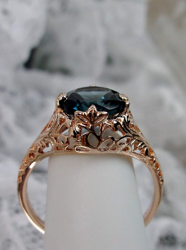 natural London blue topaz solitaire ring with swirl antique floral rose gold filigree