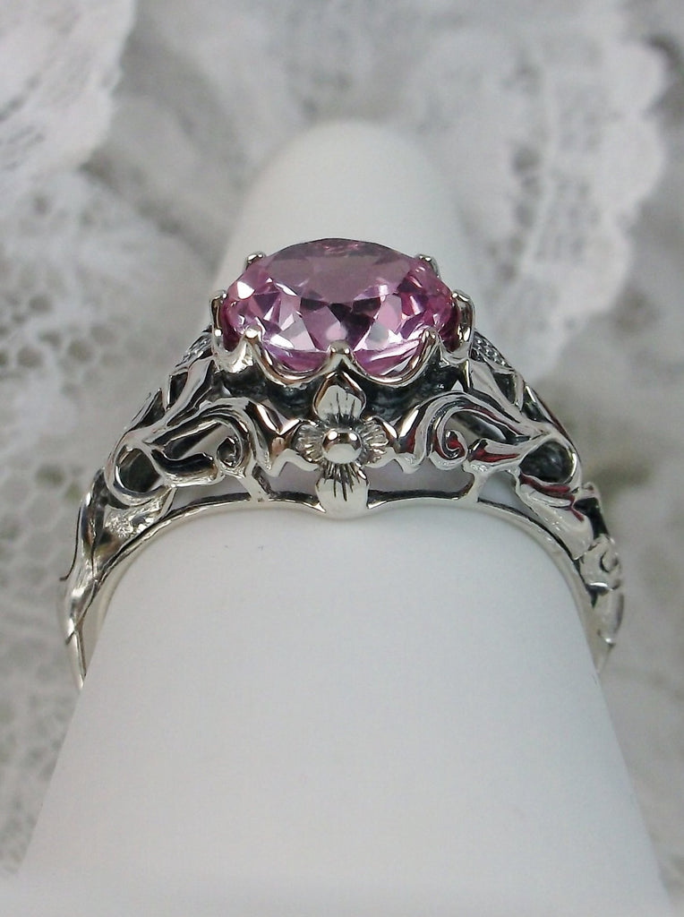 natural pink topaz ring, sterling silver floral filigree, daisy design #D66
