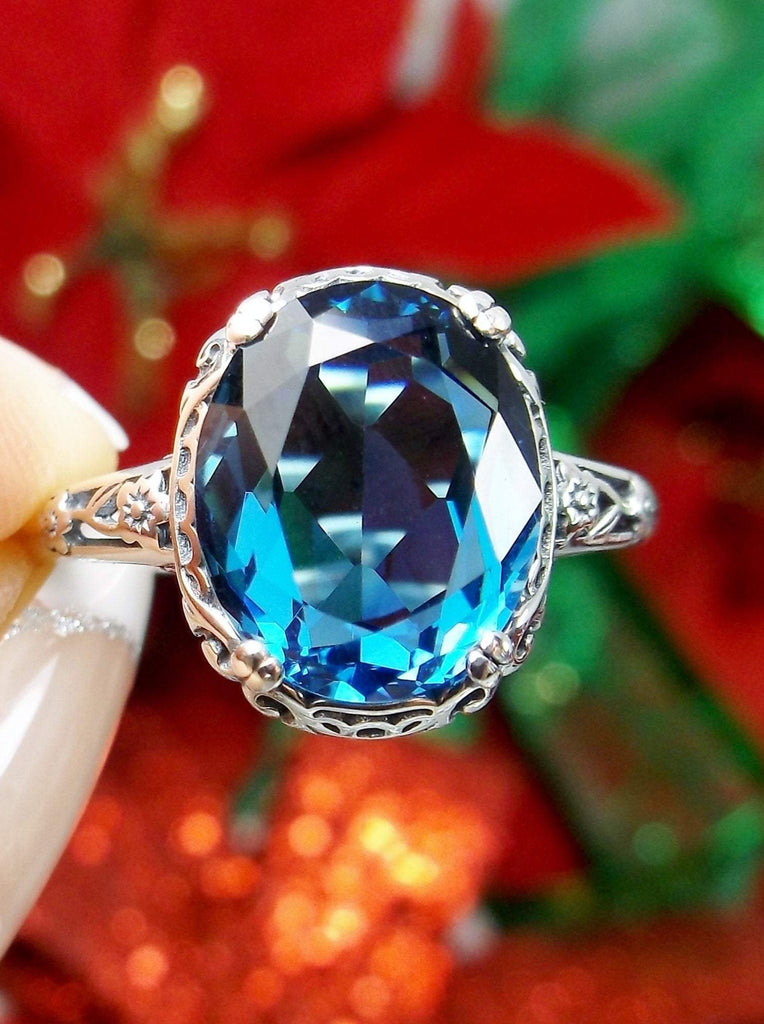 London Blue Topaz Ring, oval simulated topaz, sterling silver floral filigree, Edward design #70z, top view