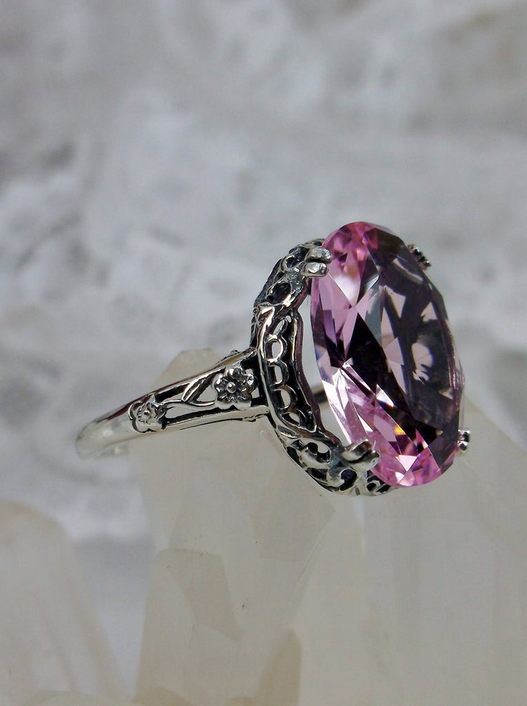 Pink Topaz Ring, Simulated topaz gemstone,  Sterling Silver floral Filigree, Edward design #D70