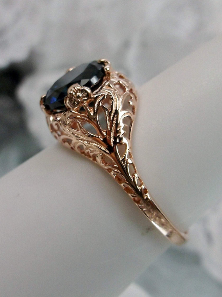 natural London blue topaz solitaire ring with swirl antique floral rose gold filigree