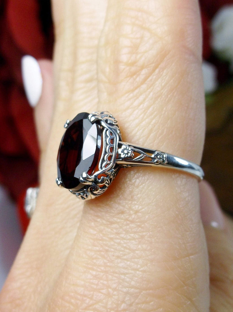 Natural Garnet Ring, 5.5 carat natural oval gemstone, Sterling Silver floral Filigree, Edward design #D70z, side view on finger