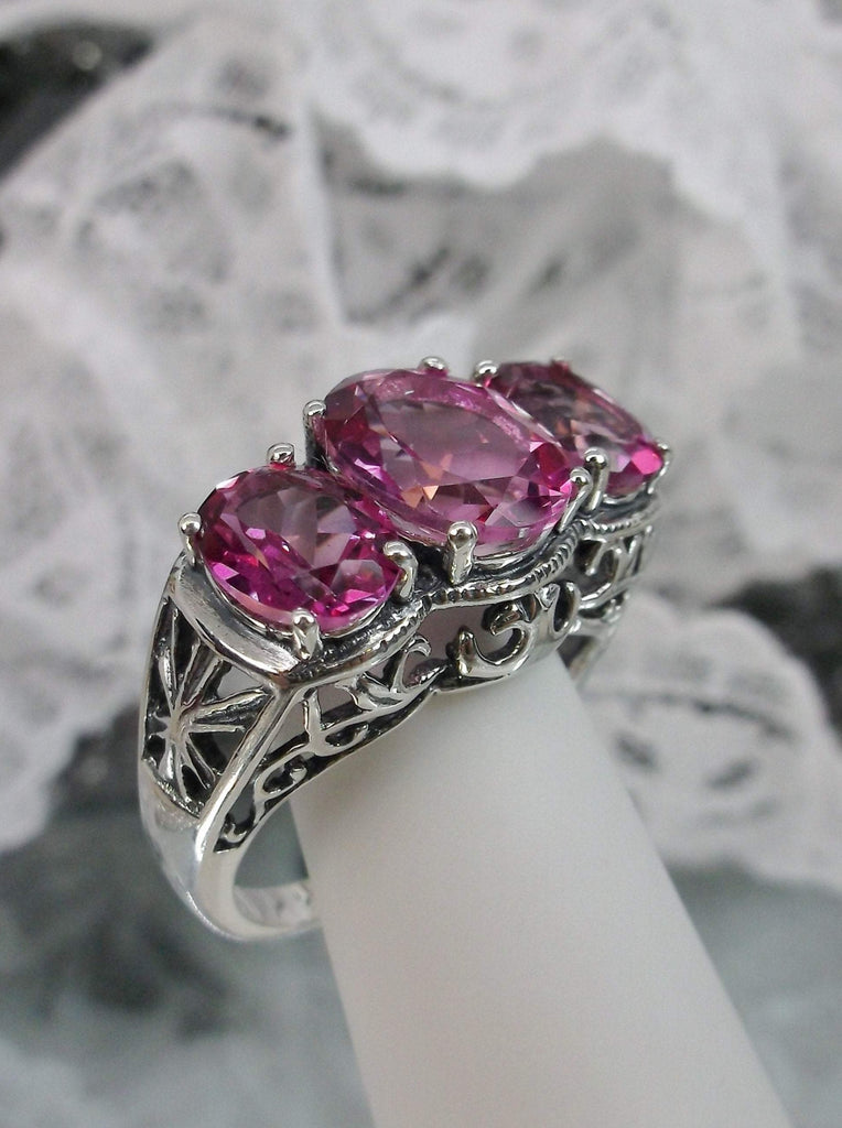 Natural Pink Topaz Ring, Pink Triple 3-Stone design, sterling silver filigree, Art Deco Jewelry