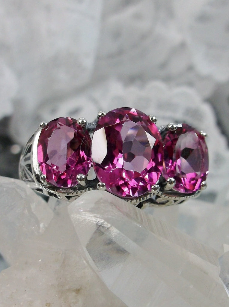 Natural Pink Topaz Ring, Pink Triple 3-Stone design, sterling silver filigree, Art Deco Jewelry