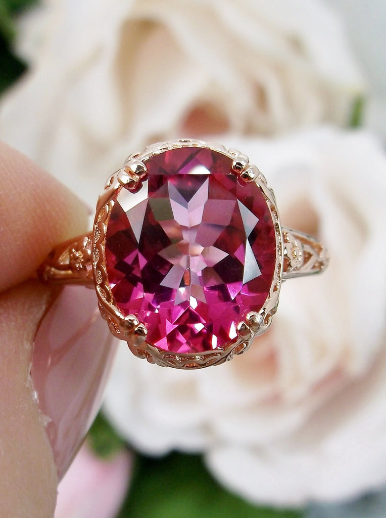 Natural Pink Topaz Ring, 3.4 carat oval faceted gemstone, Rose Gold Plated Sterling Silver floral filigree, Edwardian Design#D70z, top view