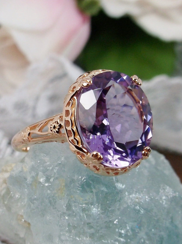Natural Amethyst Ring, 3.3ct Natural oval Amethyst, Rose Gold over Sterling Silver floral Filigree, Edward design #D70z, offset side and front view on crystal stone