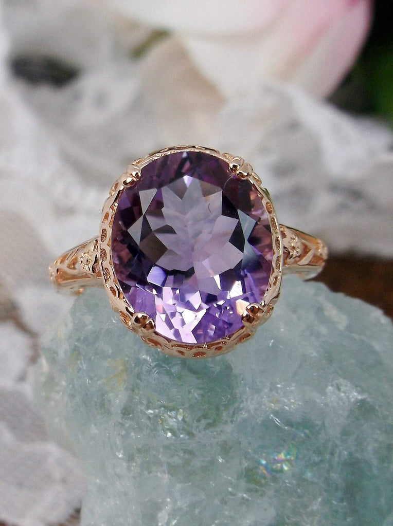 Natural Amethyst Ring, 3.3ct Natural oval Amethyst, Rose Gold over Sterling Silver floral Filigree, Edward design #D70z, top view on crystal stone