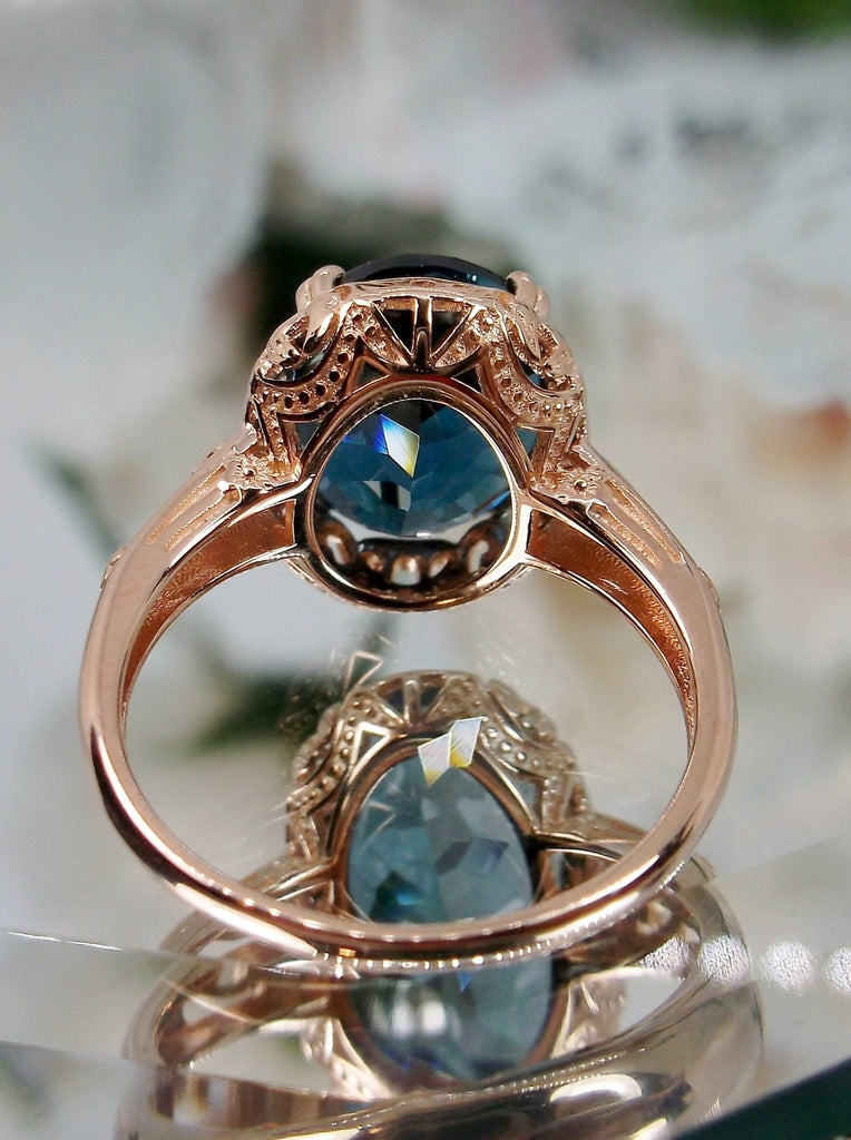 Natural London Blue Topaz Ring, Rose Gold Plated Sterling Silver floral Filigree, Edward design #D70z, back view on mirror surface