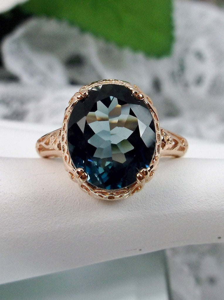 Natural London Blue Topaz Ring, Rose Gold Plated Sterling Silver floral Filigree, Edward design #D70z, top view on flat surface