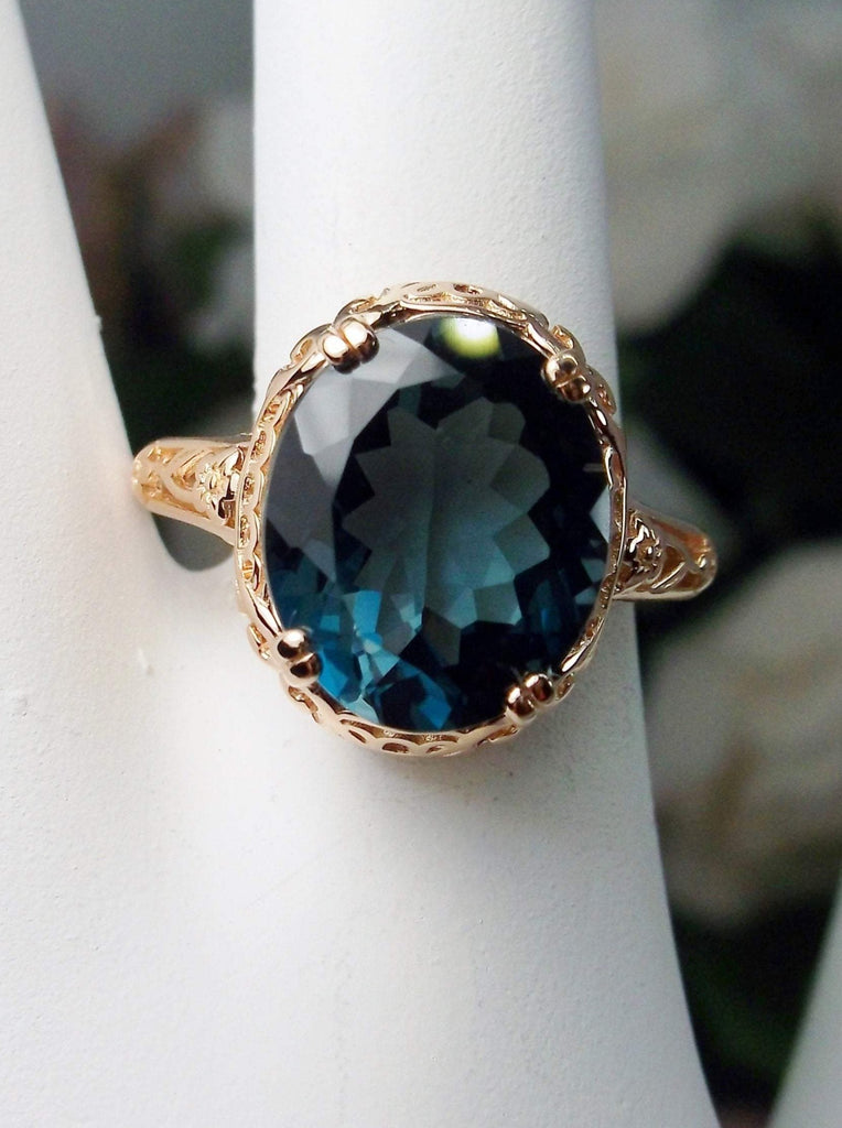 Natural London Blue Topaz Ring, Rose Gold Plated Sterling Silver floral Filigree, Edward design #D70z, top view on hand form