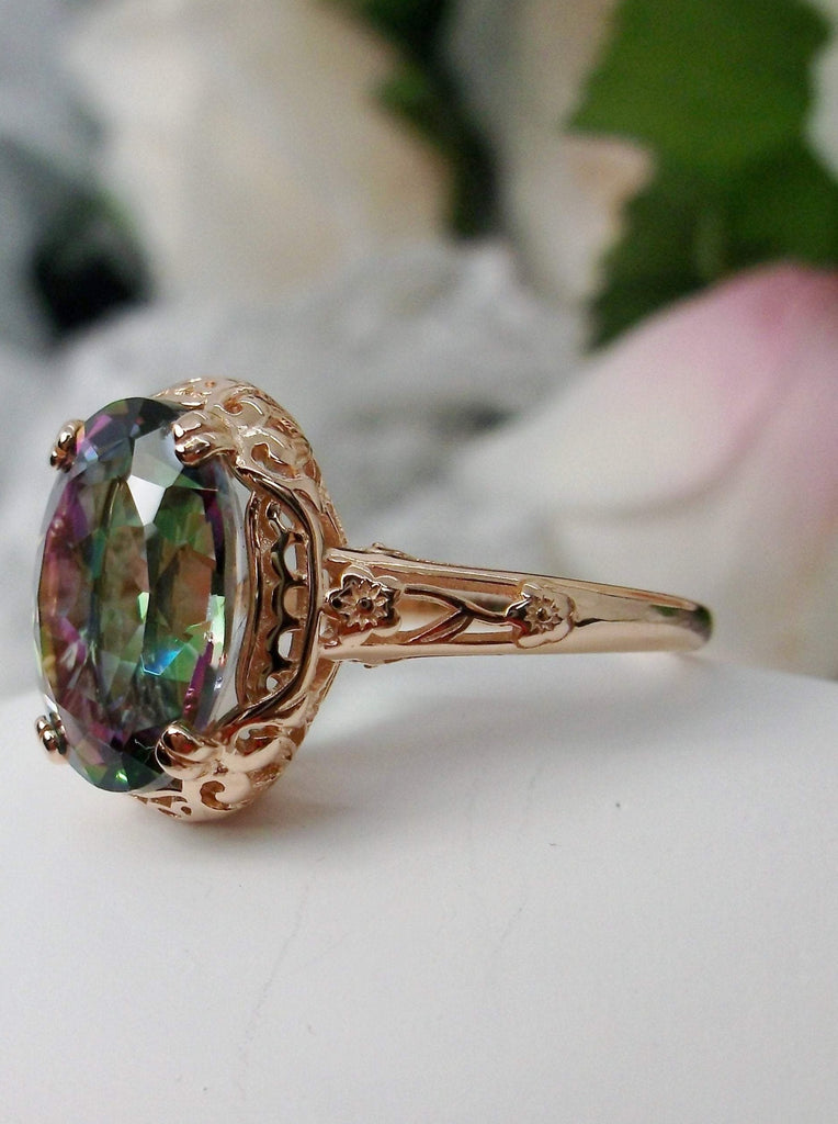 Natural Mystic Topaz Ring,  Oval Faceted natural gemstone, Rose Gold over Sterling Silver floral filigree, Edward design #D70z, side view of setting and band