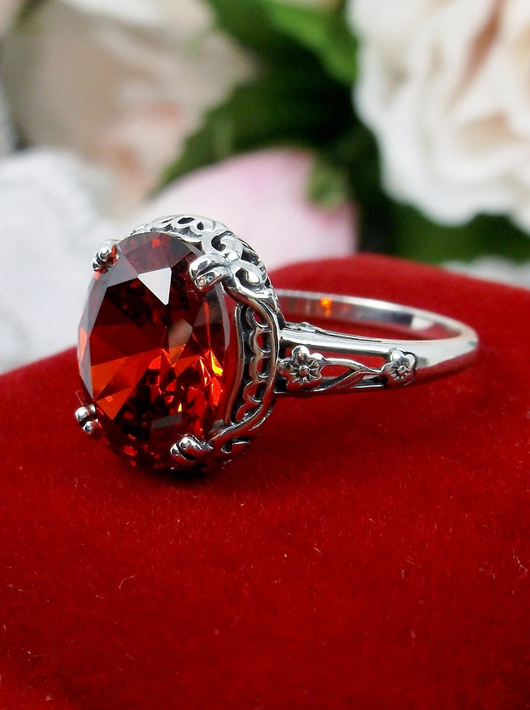 Red Garnet CZ Ring, Sterling Silver floral filigree, Edward Design #D70z, front & side view on red velvet