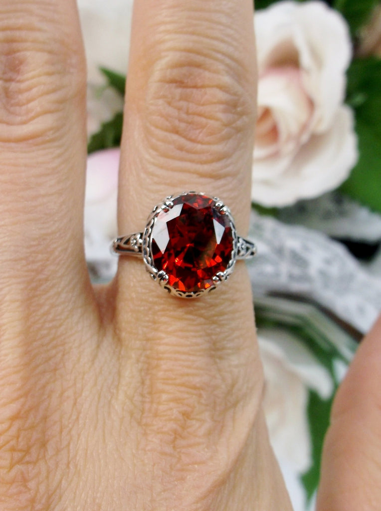 Red Garnet CZ Ring, Sterling Silver floral filigree, Edward Design #D70z, top view on finger