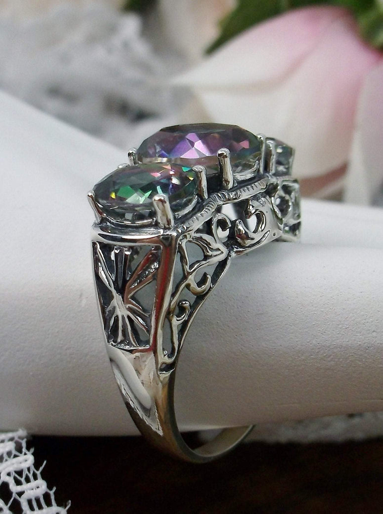 Natural Mystic Topaz Ring, Triple 3-Stone design, sterling silver filigree, Art Deco Jewelry