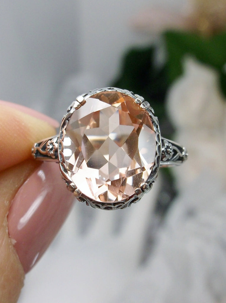 Peach Topaz Ring, 4 carat simulated topaz, Sterling Silver floral Filigree, Edward design #D70z, top view
