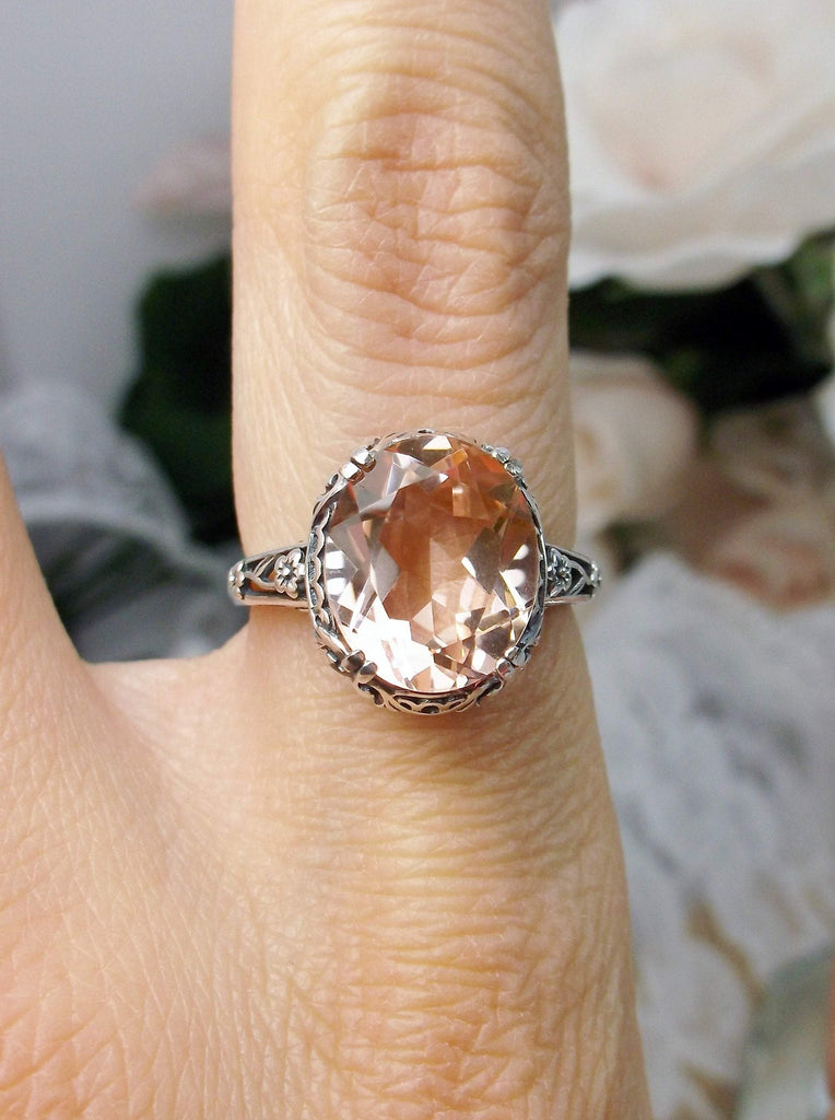 Peach Topaz Ring, 4 carat simulated topaz, Sterling Silver floral Filigree, Edward design #D70z, top view on finger