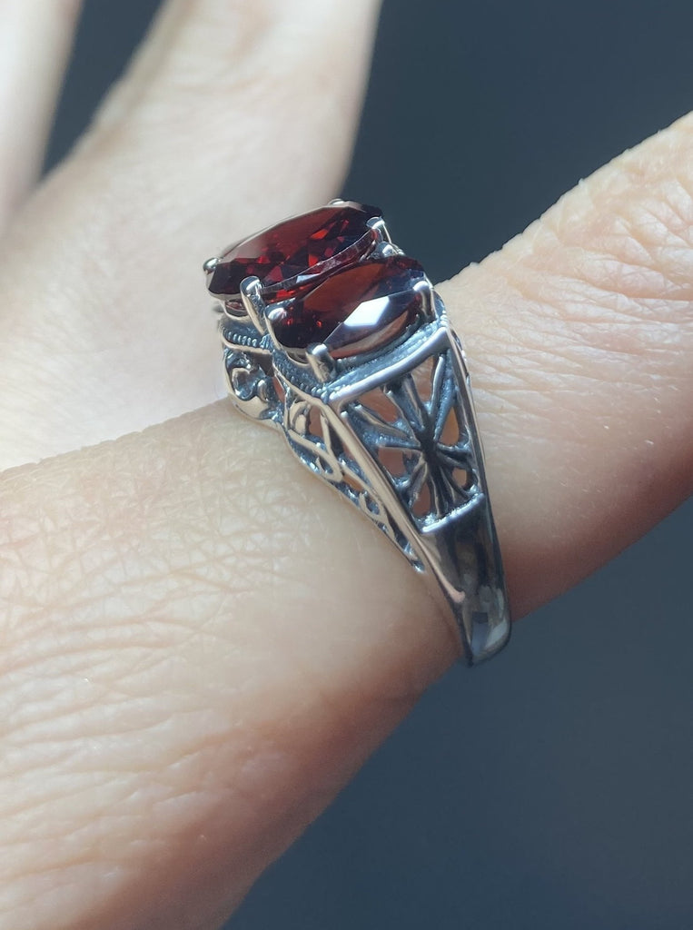 Garnet CZ Ring, Red garnet Cubic Zirconia Triple 3-Stone design, sterling silver filigree, Art Deco Jewelry