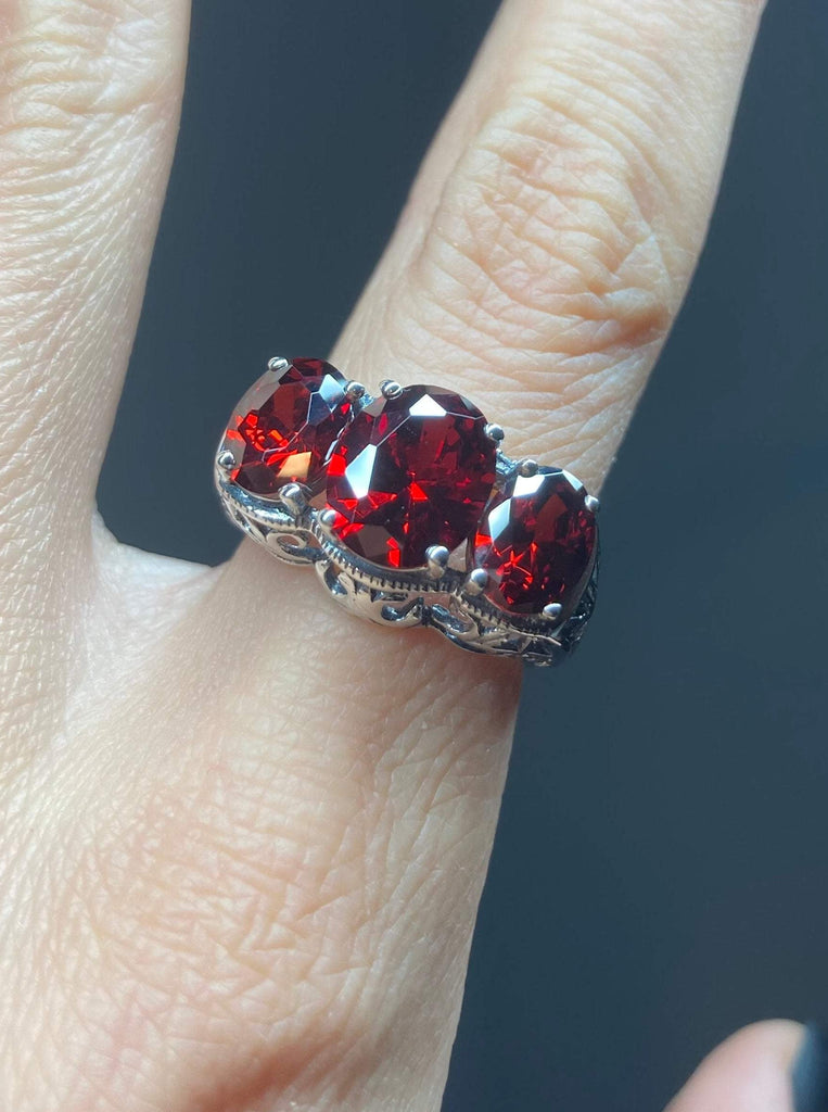 Garnet CZ Ring, Red garnet Cubic Zirconia Triple 3-Stone design, sterling silver filigree, Art Deco Jewelry