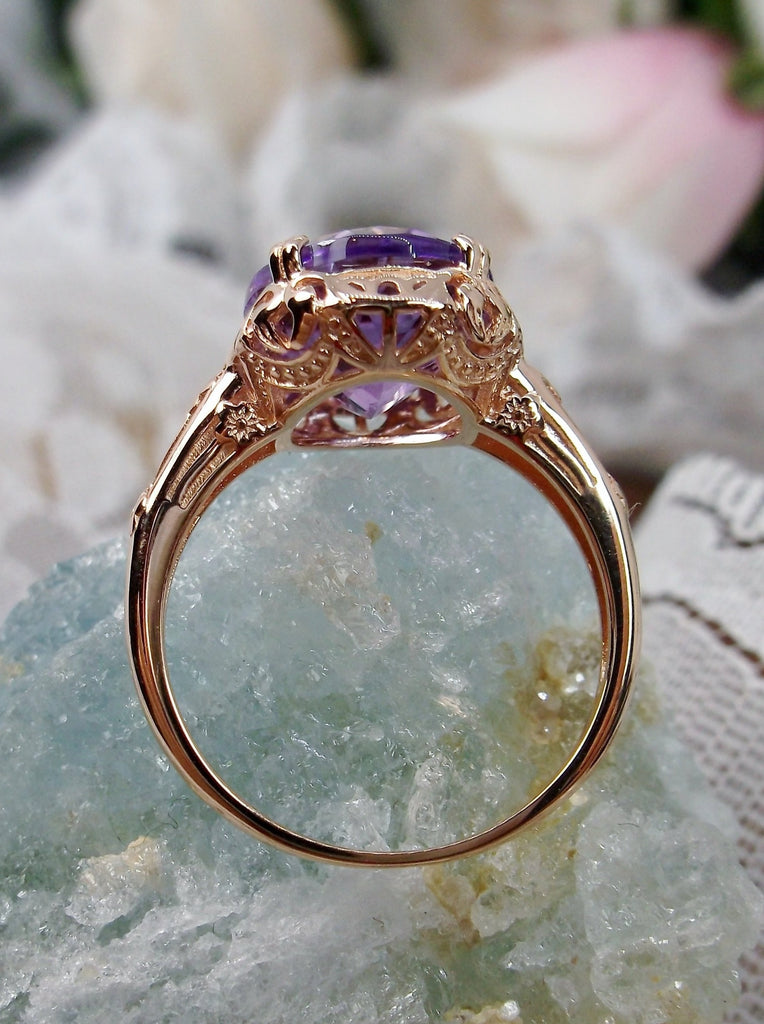 Natural Amethyst Ring, 3.3ct Natural oval Amethyst, Rose Gold over Sterling Silver floral Filigree, Edward design #D70z, Side and back view on crystal stone