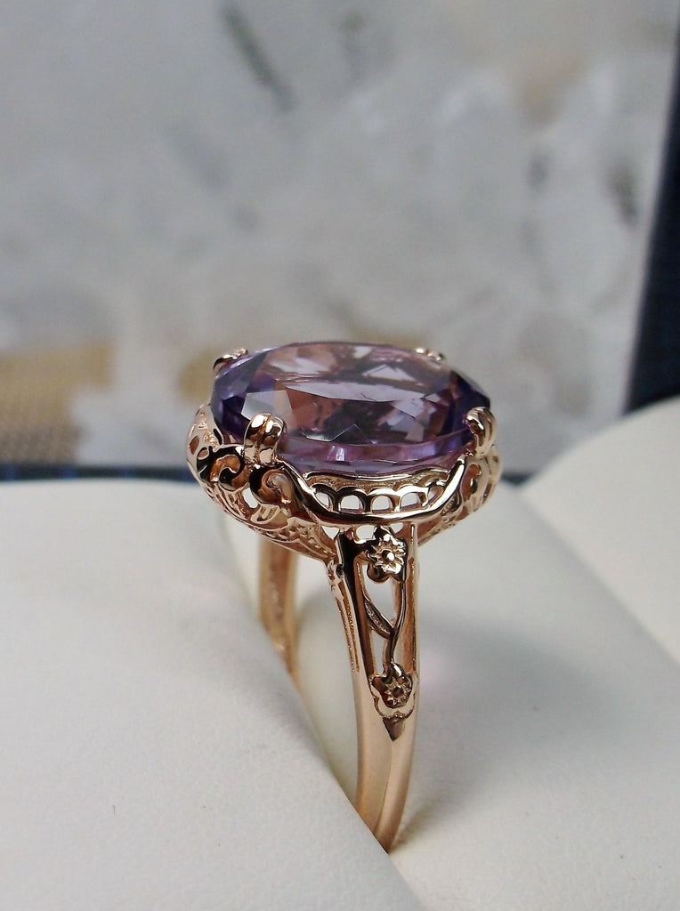 Natural Amethyst Ring, 3.3ct Natural oval Amethyst, Rose Gold over Sterling Silver floral Filigree, Edward design #D70z, side view in ring box