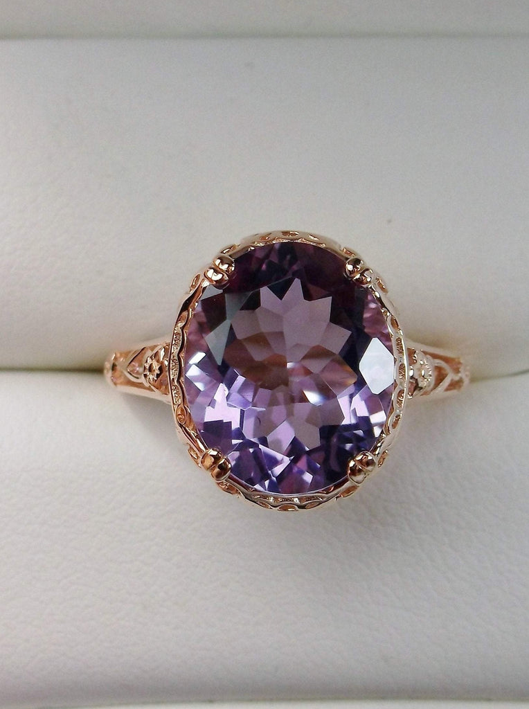 Natural Amethyst Ring, 3.3ct Natural oval Amethyst, Rose Gold over Sterling Silver floral Filigree, Edward design #D70z, top view in ring box