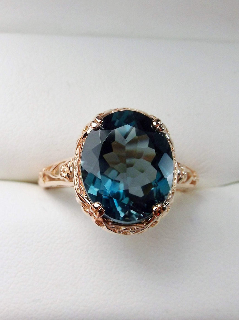 Natural London Blue Topaz Ring, Rose Gold Plated Sterling Silver floral Filigree, Edward design #D70z, top view
