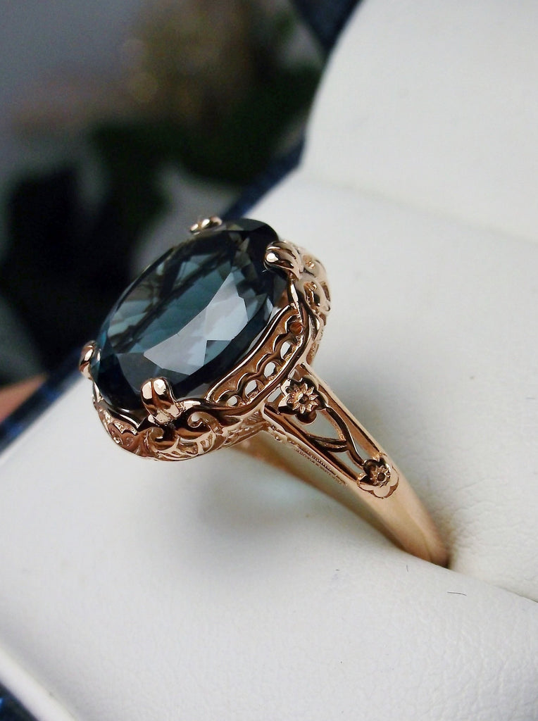 Natural London Blue Topaz Ring, Rose Gold Plated Sterling Silver floral Filigree, Edward design #D70z, side view