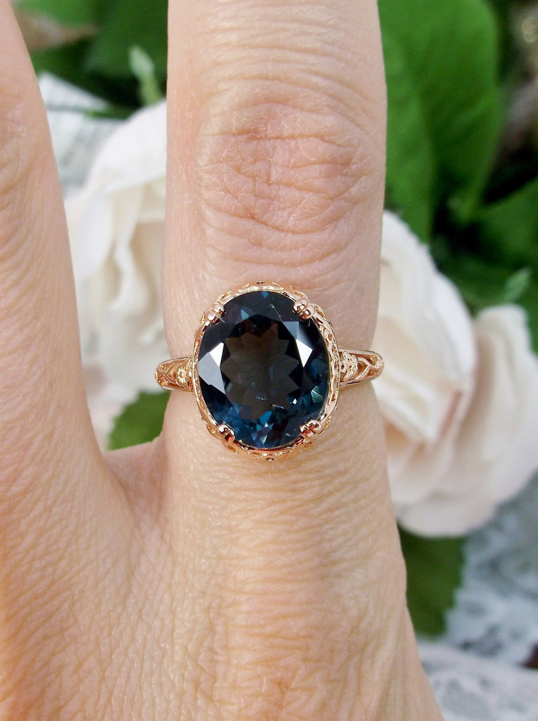Natural London Blue Topaz Ring, Rose Gold Plated Sterling Silver floral Filigree, Edward design #D70z, top view on a hand