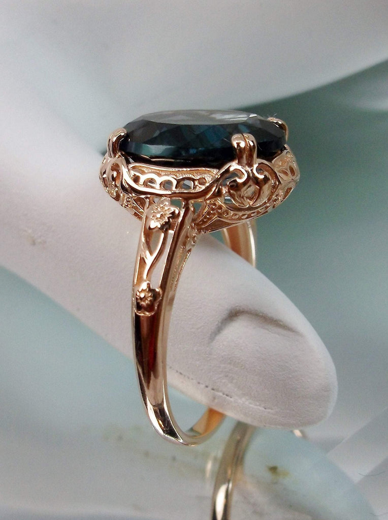 Natural London Blue Topaz Ring, Rose Gold Plated Sterling Silver floral Filigree, Edward design #D70z, side view on ring form