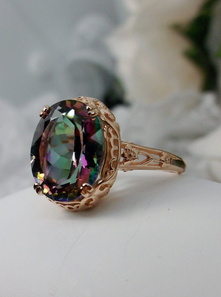 Natural Mystic Topaz Ring,  Oval Faceted natural gemstone, Rose Gold over Sterling Silver floral filigree, Edward design #D70z,  offset front and side view