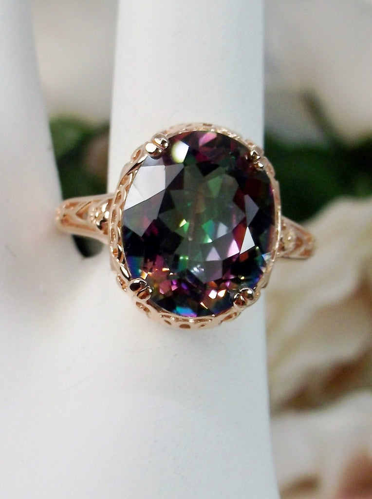 Natural Mystic Topaz Ring,  Oval Faceted natural gemstone, Rose Gold over Sterling Silver floral filigree, Edward design #D70z,  top view on hand form