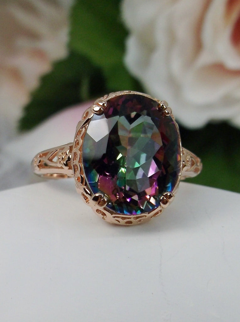 Natural Mystic Topaz Ring,  Oval Faceted natural gemstone, Rose Gold over Sterling Silver floral filigree, Edward design #D70z, top view
