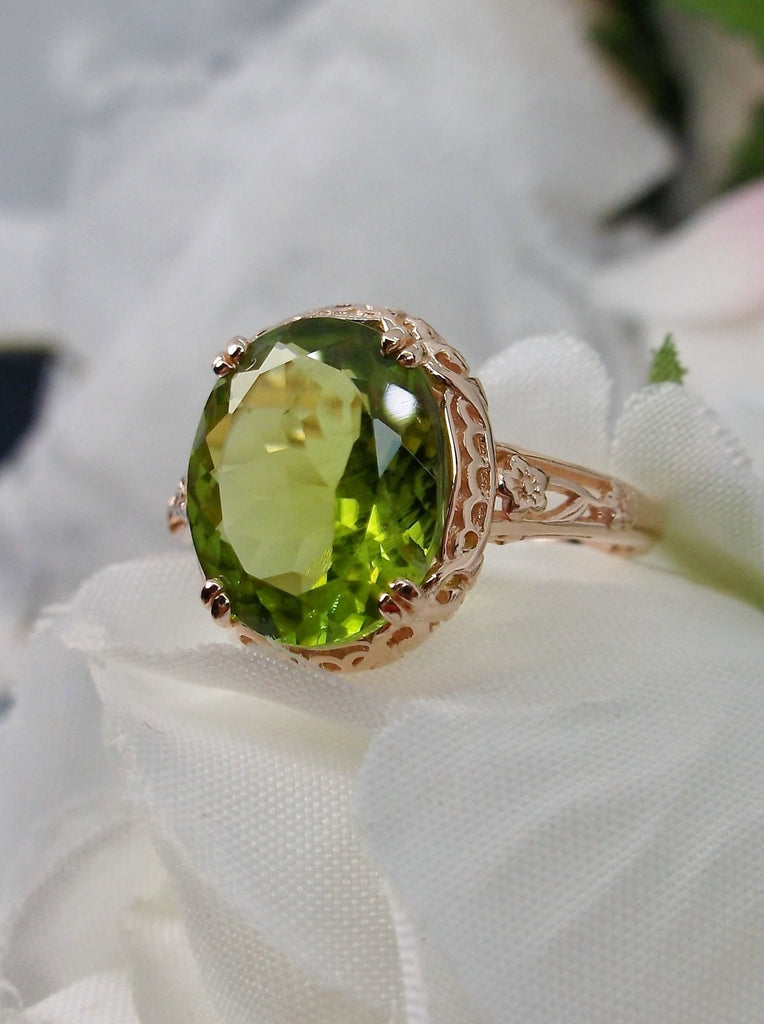 Natural Peridot Ring, 4 carat natural Green Peridot oval gemstone, Rose Gold over Sterling Silver floral Filigree, Edward design #D70z, top and side view